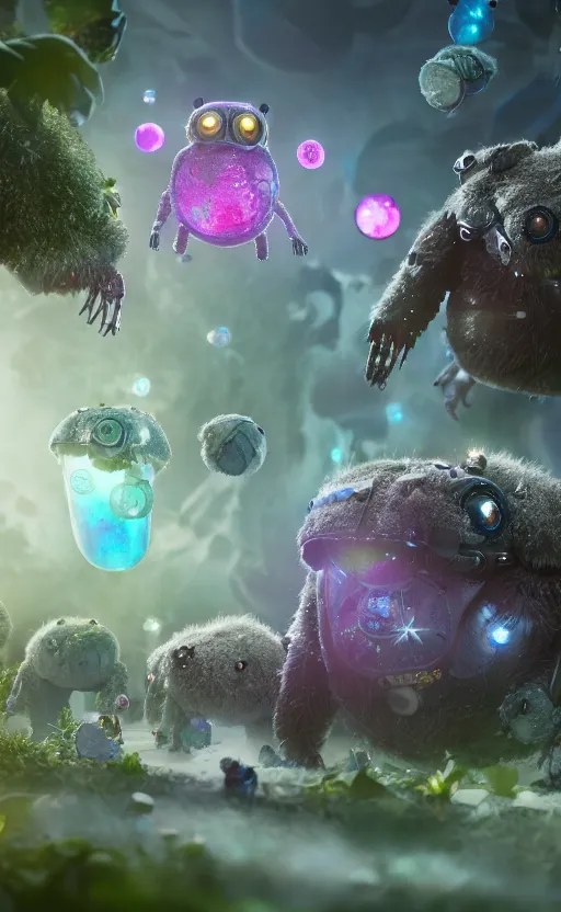 Image similar to microscopic tardigrades, magical forest, community, water bear, robots, electric, furry, soft, concept art, intricate details, highly detailed, photorealistic, disney pixar, octane render, iridescent, anime, 8 k