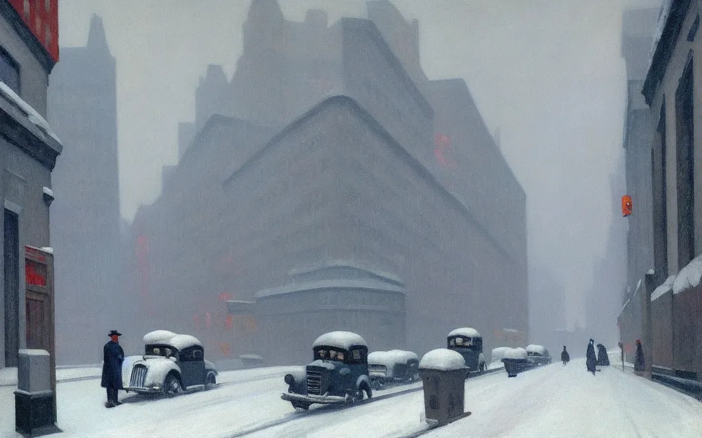 Image similar to the streets of new york in 1 9 4 0 during a snowfall. edward hopper