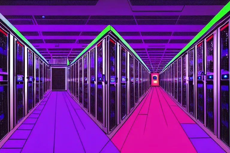 Image similar to realistic robot in a data server room, neon and dark, purple and blue color scheme, by dan mumford and malevich, katsuya terada