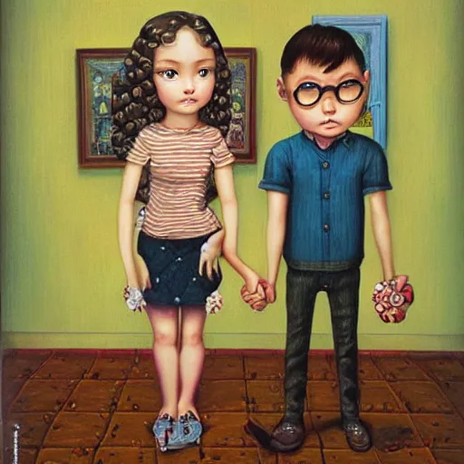 Prompt: a couple and their child portrait, living room wall background, lowbrow art, by Mark Ryden and Hikari Shimoda