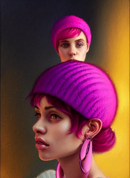 Image similar to portrait of teenage vanessa morgan with bright pink hair, vanessa morgan, curly pixie cut hair, wearing a purple breton cap, breton cap, hoop earrings, intricate, elegant, glowing lights, highly detailed, digital painting, artstation, concept art, smooth, sharp focus, illustration, art by wlop, mars ravelo and greg rutkowski