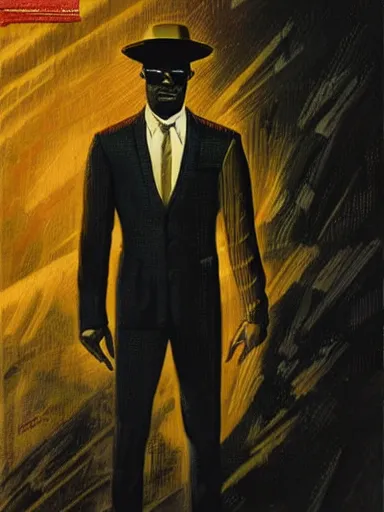 Image similar to pulp magazine illustration of a black man in a suit smoking, cinematic view, dynamic lighting, volumetric lighting, mysterious highly detailed, 8 k, smooth, digital painting, symmetrical, art by vincent di fate, kehinde wiley, artem demura, frazetta