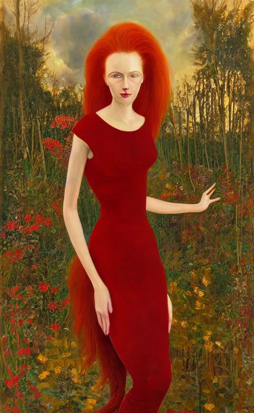 Prompt: portrait of a woman with long red hair, very beautiful style, girl standing, in a gold dress, photorealism, against a winter garden, vanya comoretti,