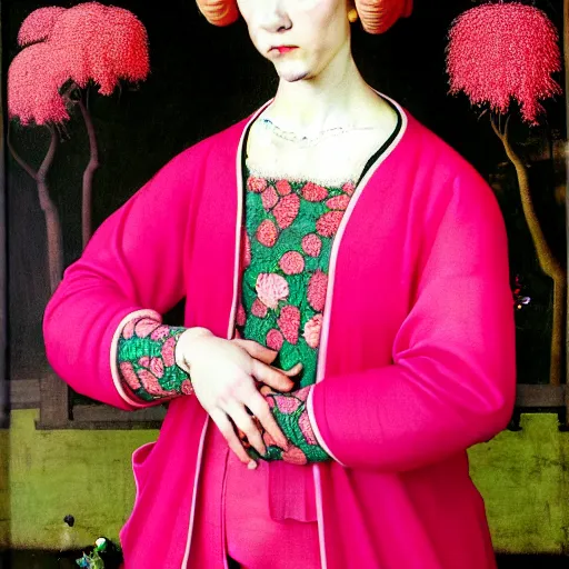 Image similar to full length portrait of a woman with red hair and big hair curlers, wearing a neon pink baggy pajamas, standing in a botanical garden, intricate details, highly detailed, in the style of rogier van der weyden and jacopo da pontormo, punk, masterpiece, asian art