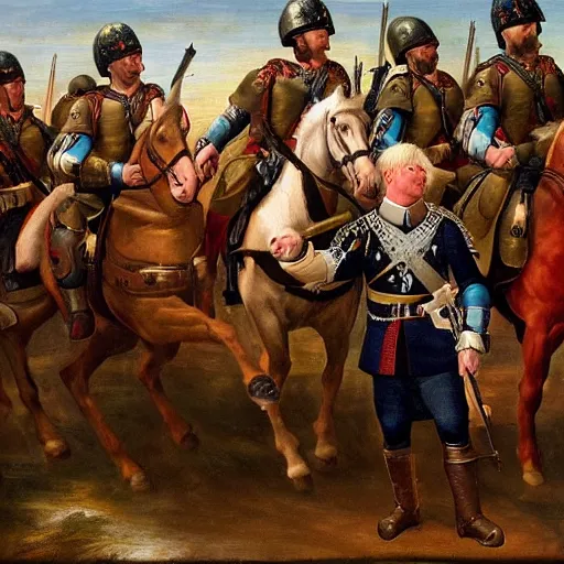 Image similar to found footage of general boris johnson leading his men into battle, glorified image, 8k, oil painting, renaissance style, fibbonacci layout