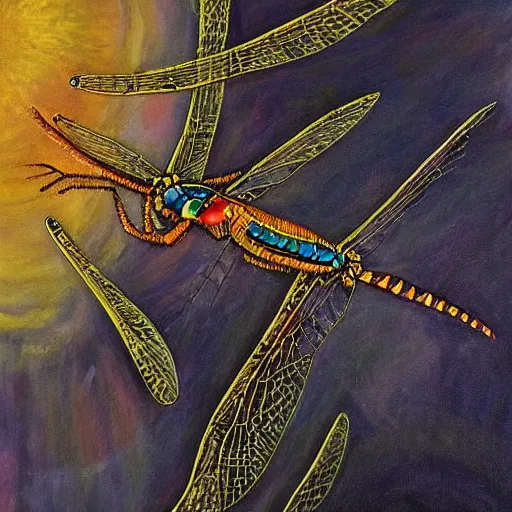 Prompt: the dragonflies rule over the earth, a detailed painting, horror