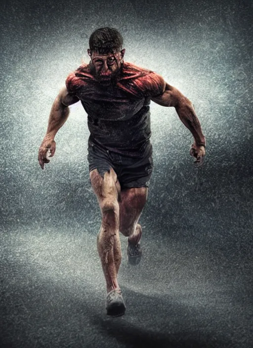 Prompt: photorealistic a human being in muscle running in the middle of the night horror practical fx cinematographic