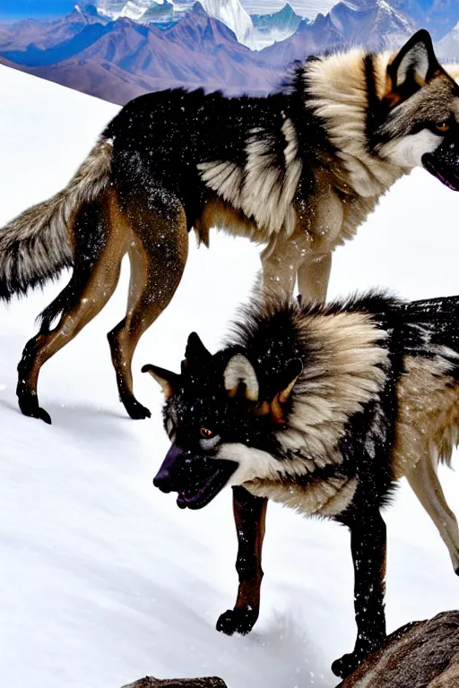 Prompt: kylie jenner mountain climbing on everest with wolves and african wild dogs in a snowstorm