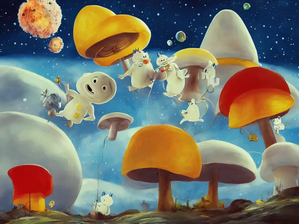 Image similar to moomins in a space suit discovering the mushroom planet, looking cute, photorealistic painting, movie still, warm colors, fluffy, cozy, low light, trending on artstation