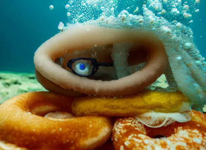 Image similar to underwater photo still of a squid with a donut on its head, 4 k, 8 5 mm, f 1 6