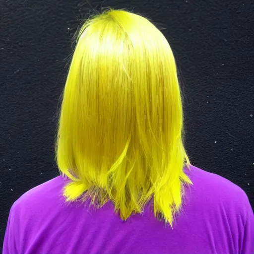 Prompt: a man with yellow hair and purple hair tips