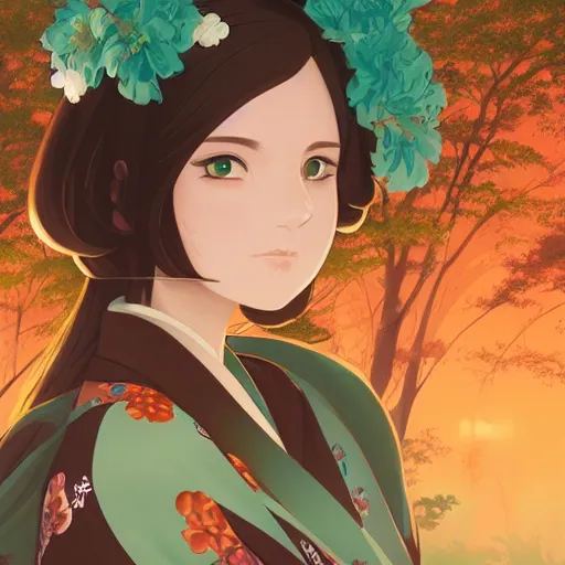 Image similar to a beautiful woman with long dark brown hair and tan skin, green eyes wearing a kimono, city landscape, 4k, anime key visual, lois van baarle, ilya kuvshinov, rossdraws, artstation