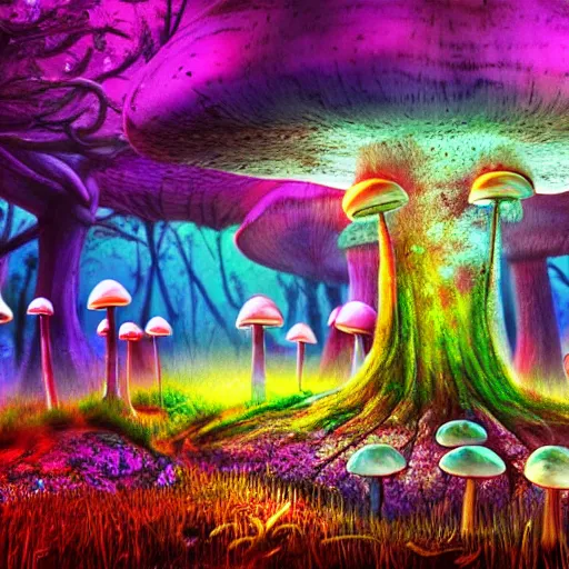 Image similar to mushroom city, dslr, colorful, fantasy,