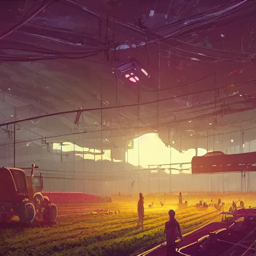 Prompt: a farm inside of a stadium, Simon Stalenhag, Wadim Kashin, solarpunk, utopian socialism, detailed, 4K, cinematic