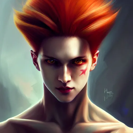 Prompt: portrait of hisoka hunter hunter, male, pale thin lips, sharp jaw yellow eyes narrow sultry eyes red hair soft hair swept back crimson medium length hair, anime, fantasy, intricate, elegant, highly detailed, digital painting, artstation sharp focus, madonna rebel heart art by artgerm and ruan jia and ross tran