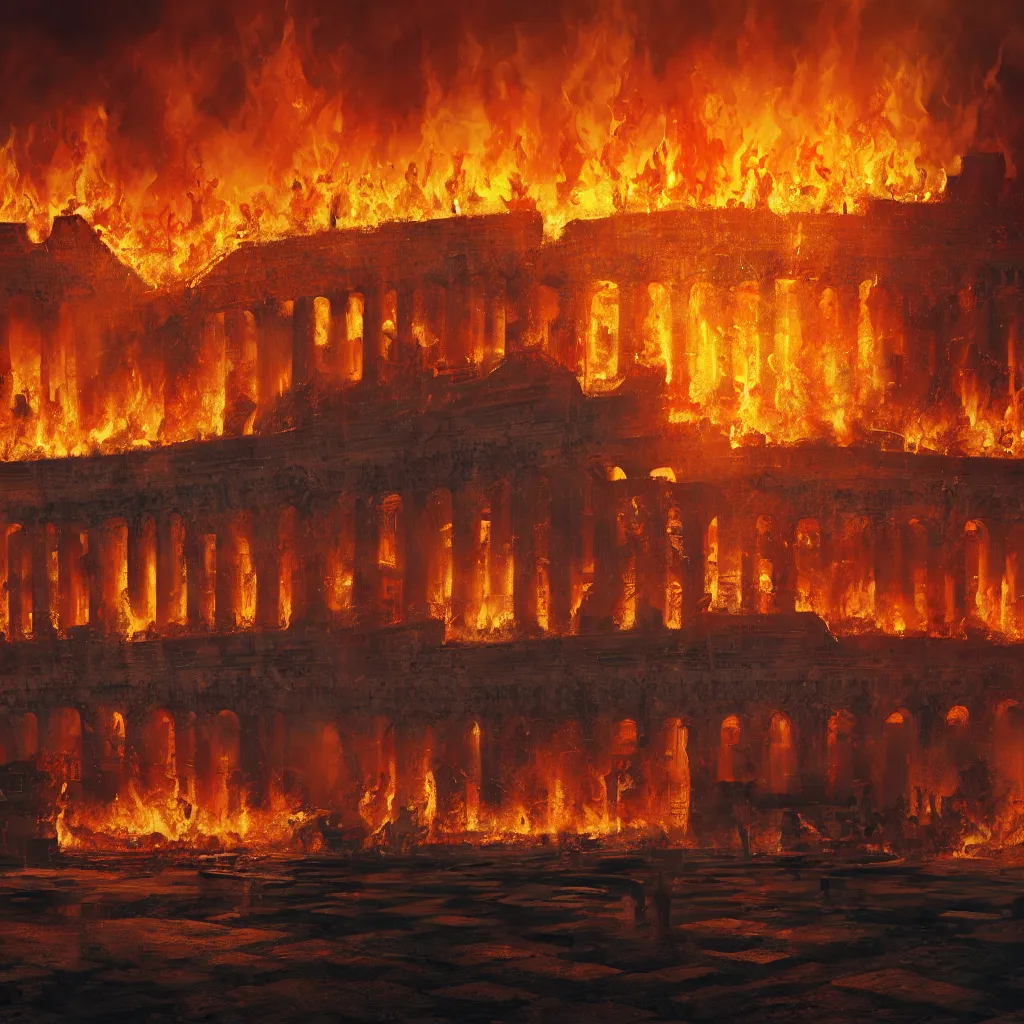 Image similar to painting of the great fire of rome, abstract, realism, 8 k, detailed, terror, octane render, 3 d render, complex, glow, cinematic, emotion