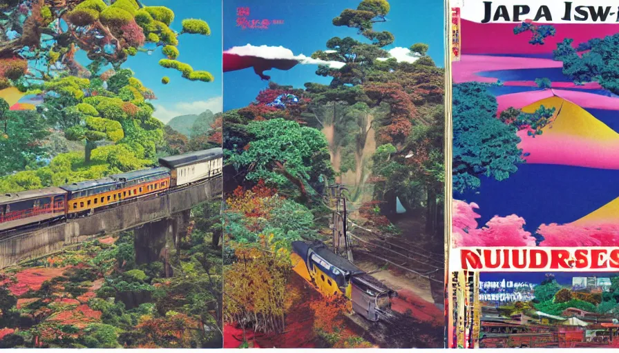 Image similar to Japan rural splendor rail travel and touring c2050, surrealist psychedelic photo-collage painting in the style of Newsweek magazine, +81 magazine, Roger Dean, Yoshio Awazu, vivid color