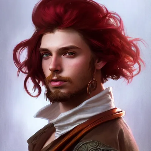 Image similar to portrait of a young carefree pirate, male, masculine, upper body, red hair, long hair, soft hair, D&D, fantasy, intricate, elegant, highly detailed, digital painting, artstation, concept art, matte, sharp focus, illustration, art by Artgerm and Greg Rutkowski and Alphonse Mucha