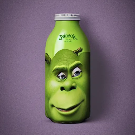 Image similar to an advertisement for a shrek soda, with the theme and taste of shrek , soda bottle with a small illustration based on the shrek pasted on the packaging, award winning, studio light, 4K