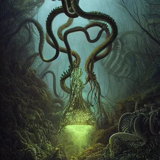 Image similar to a hyperrealistic painting of a tentacled alien lifeform in the middle of an alien jungle, bioluminescent plants, by john kenn mortensen and zdzislaw beksinski, highly detailed, vivid color,