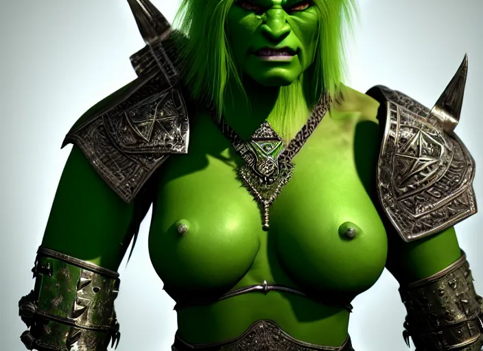 Prompt: green human faced orc female, light green tone beautiful face, plated armor intricate, elegant, highly detailed by ilja repin, octane render, rpg _ portrait
