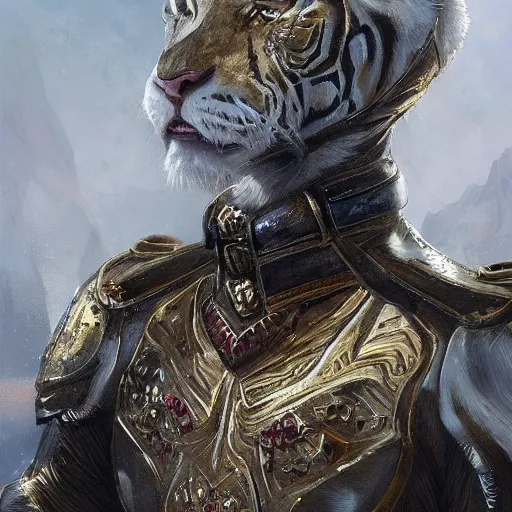 Image similar to a beautfiul award winning commission portrait of an anthro albino tiger wearing diamond victorian armour,digital art,art by greg rutkowski,character design by charles bowater,photorealistic,ross tran,hyperdetailed,detailed face,fascinating,2021,western comic style