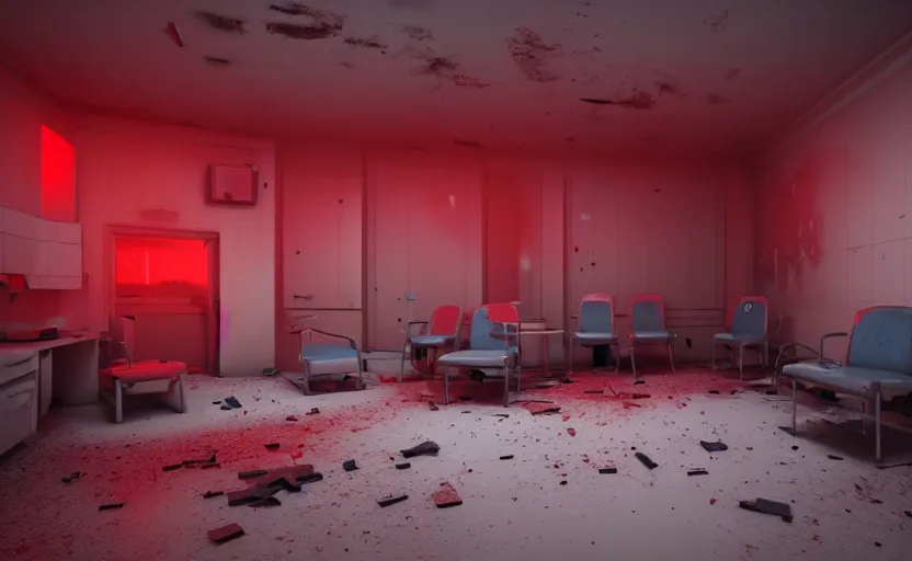 Image similar to an abandoned hospital room with red ceiling lighting and several blue lights on the walls, gloomy and foggy atmosphere, octane render, artstation trending, horror scene, highly detailded