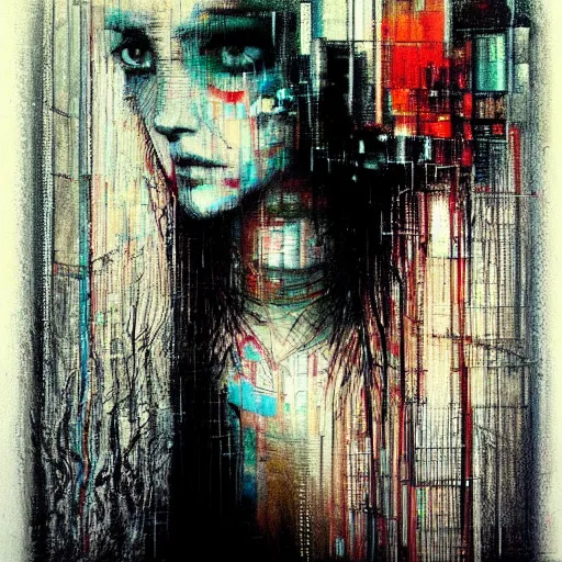 Image similar to portrait of a hooded beautiful women, mysterious, glitch effects over the eyes, shadows, by Guy Denning, by Johannes Itten, by Russ Mills, centered, glitch art, innocent, hacking effects, chromatic, cyberpunk, color blocking, oil on canvas, concept art, abstract
