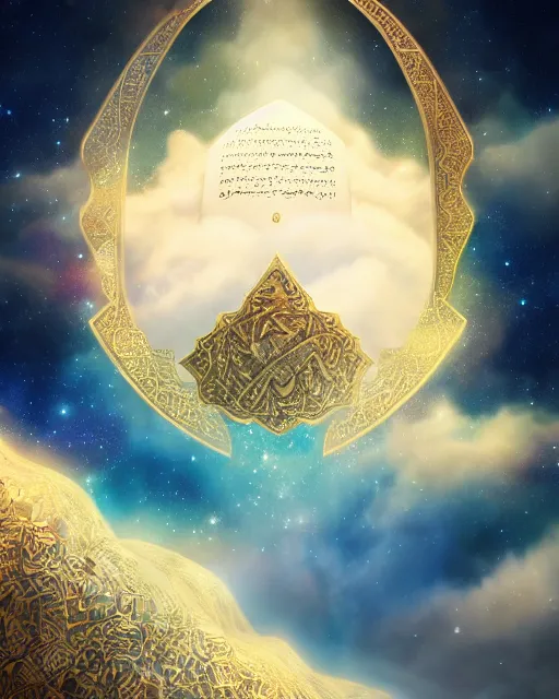 Image similar to the quran descending from the galaxy into clouds highly detailed, gold filigree, romantic storybook fantasy, soft cinematic lighting, award, pastel color palette, featured on artstation