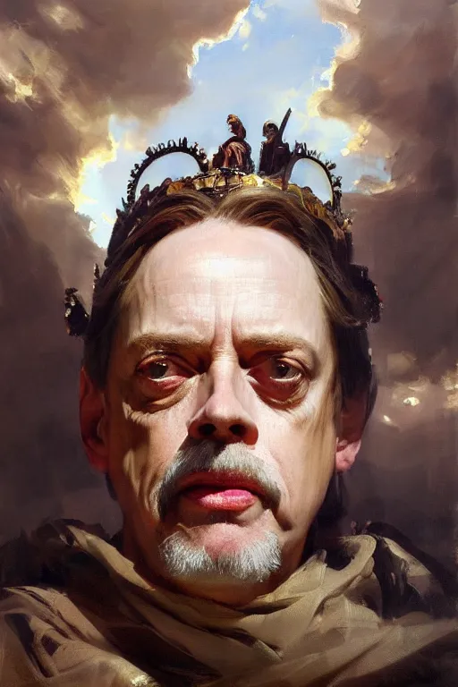 Image similar to beautiful expressive oil painting portrait of ancient roman god emperor steve buscemi ascending wearing the civic crown, art by anders zorn, wonderful masterpiece by greg rutkowski, beautiful cinematic light, american romanticism by greg manchess, jessica rossier