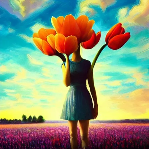 Image similar to girl with a giant tulip head, surreal photography, flower field, sunset dramatic light, impressionist painting, colorful clouds, blue sky, digital painting, artstation, simon stalenhag