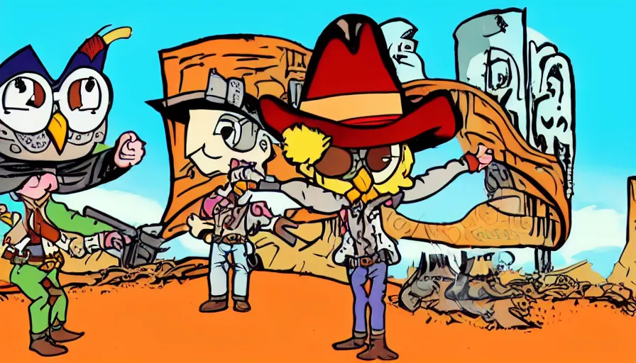 Image similar to 1990s cartoon show screenshot about a gunslinging owl from the wild west, wearing a cowboy hat an eye mask, standing in an old west town the animated show