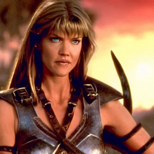 Prompt: tricia helfer as xena warrior princess, movie still, 4k