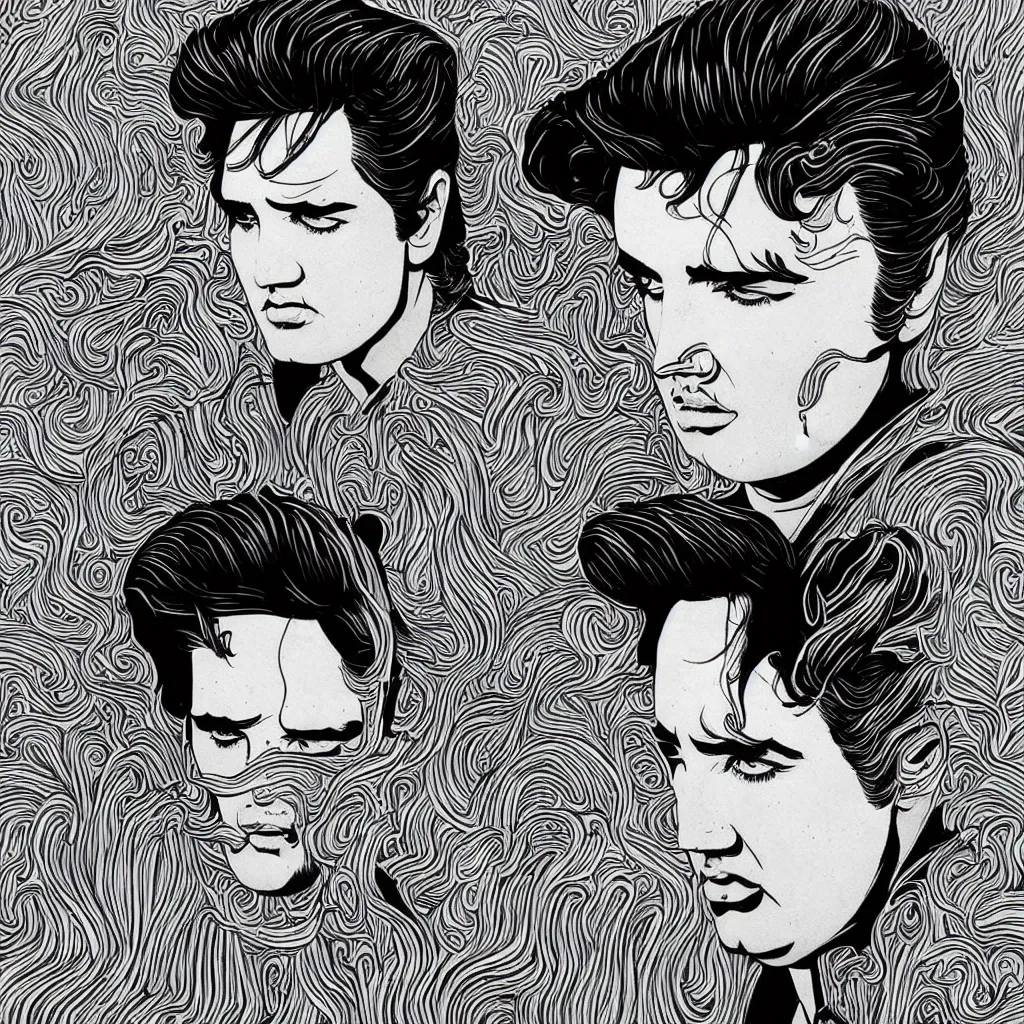 Image similar to elvis presley, style of moebius, james jean, mcbess, glowing ethereal hair, cinematic, highly detailed, award winning, 8 k photorealistic