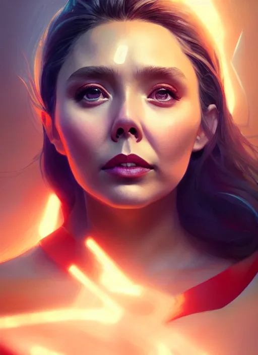 Image similar to portrait of modern darna, elizabeth olsen, intricate, elegant, glowing lights, highly detailed, digital painting, artstation, glamor pose, concept art, smooth, sharp focus, illustration, art by wlop, mars ravelo and greg rutkowski