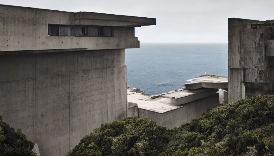 Image similar to big brutalist base perched on a cliff overlooking a magnificient bay, drawing architecture, pritzker architecture prize, greig fraser