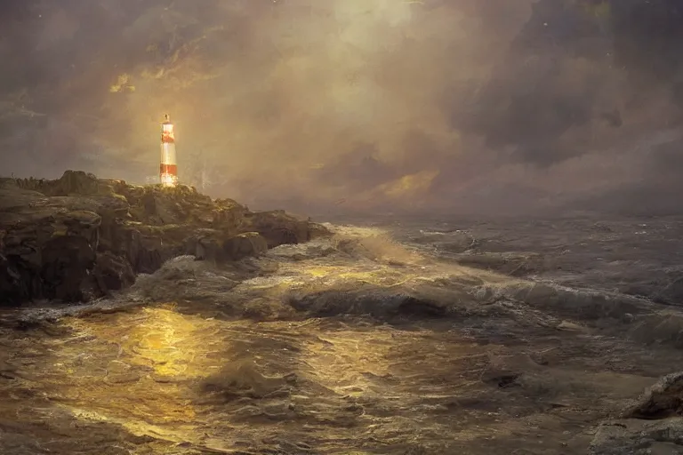 Prompt: A beautiful painting of a singular lighthouse, shining its light across a tumultuous sea of blood by greg rutkowski and thomas kinkade, Trending on artstation, yellow color scheme, cdx