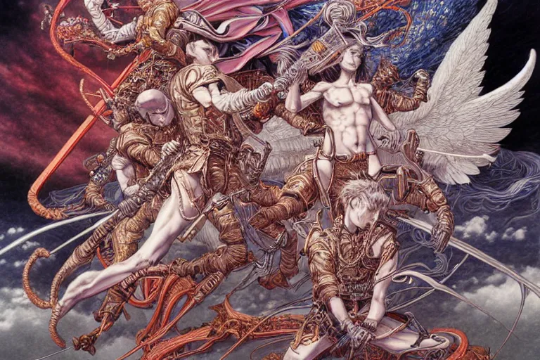 Image similar to hyper detailed illustration of angels battling demons, intricate linework, in the stlye of moebius, ayami kojima, 90's anime, retro fantasy