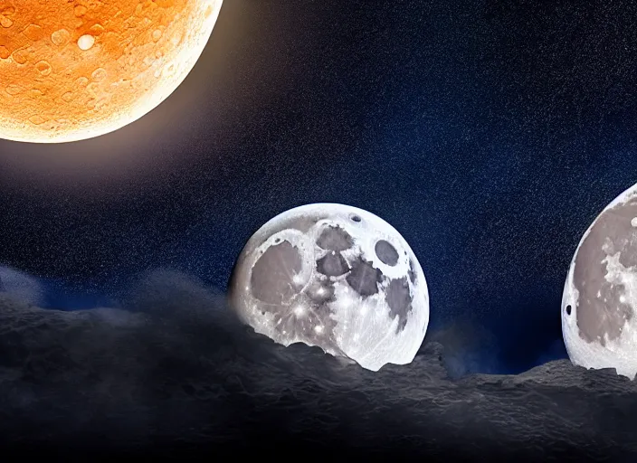 Image similar to film still of the moon splitting into pieces in the new disaster movie, 8 k, night time