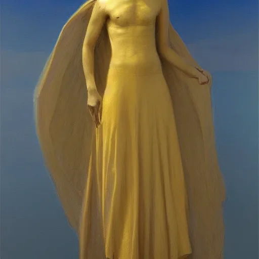 Prompt: a silhouette dressed with a shroud wears a human golden mask, by jean delville and sophie anderson and mandy jurgens, golden ratio, perfect composition, elegant, no crop, extremely detailed, hd, masterpiece, artstation