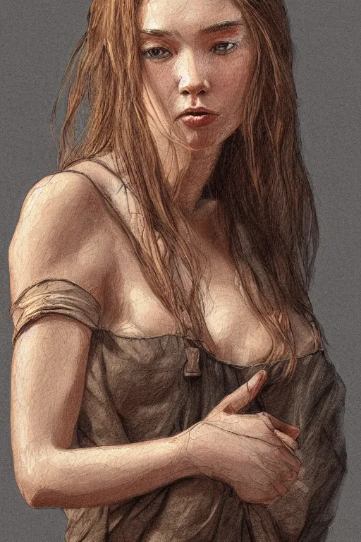 Prompt: beautiful natural coy cottagecore peasant maiden master life drawing, intricate, elegant, highly detailed, digital painting, artstation, concept art, smooth, sharp focus, illustration, art loish