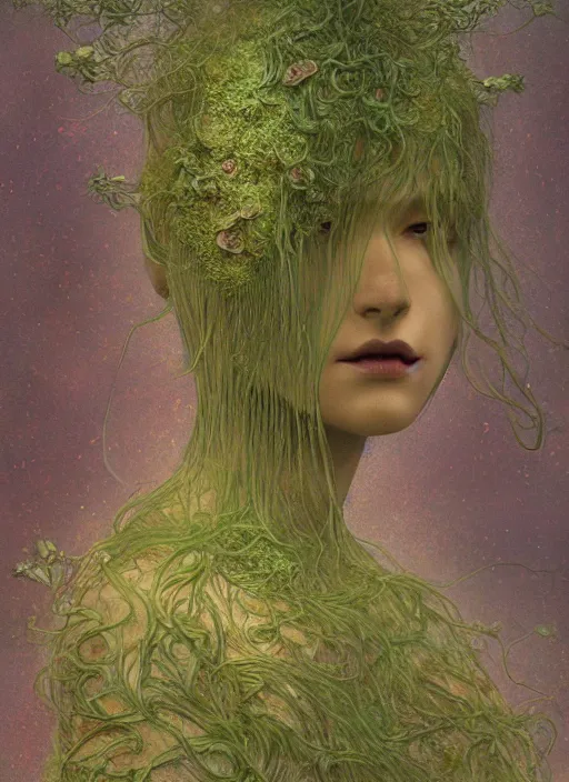 Image similar to a beautiful woman portrait mutating in to flower, covered with thin tendrils and moss, by jean delville, by edmund dulac, by jean giraud, by ellen jewett, landscape photography composition, vivid colors, octane render, redshift render