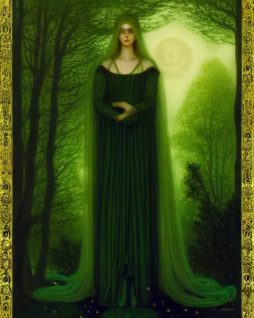 Image similar to nocturne, glowing, stars, a portrait of a beautiful medieval princess, tall and thin, highly detailed, mysterious, ethereal, dressed in green velvet and gold jewelry, haute couture, dark forest, illustration, dramatic lighting, soft details, painting, by edmund blair leighton, brom, charlie bowater, faces by otto schmidt