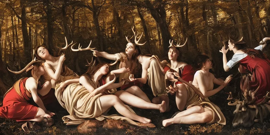 Prompt: beautiful oil matte portrait painting, women with antlers gathering in an ominous forest, wonderful masterpiece highly detailed, beautiful cinematic light deep focus, elegant, digital painting, smooth, sharp focus, golden ratio, dramatic illumination, ultra realistic, 8 k, art by artemisia lomi gentileschi and caravaggio