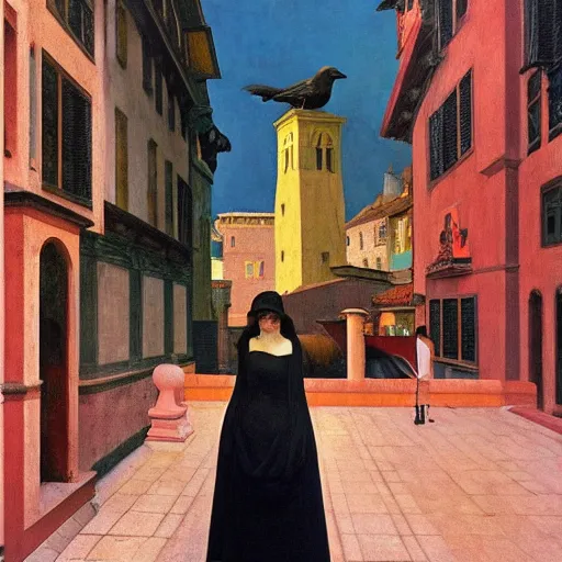 Image similar to a woman in a medieval city, a lots of crows, hyperrealistic film still by edward hopper, by gottfried helnwein, by klimt, by paolo uccello, art nouveau, highly detailed, strong lights, liminal, eerie, bright pastel colors