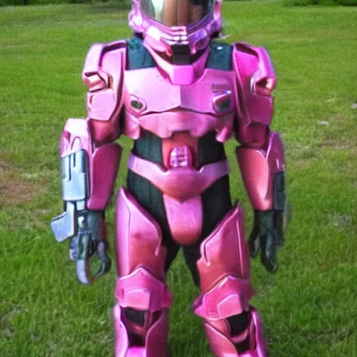 Prompt: cute master chief in pink armor with hearts on it