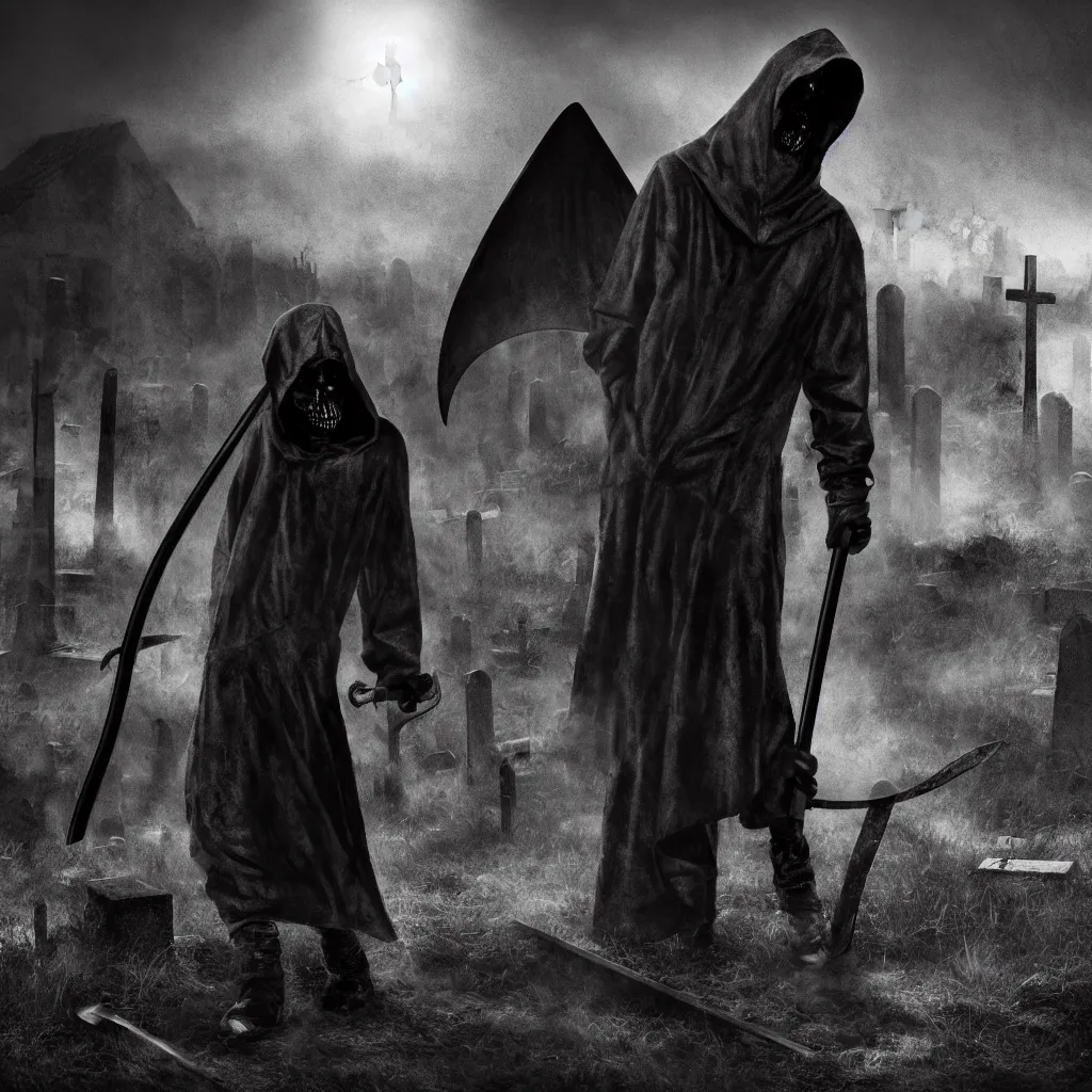 Prompt: death in a hood with a scythe in a cemetery, central composition, dark and mysterious, atmospheric, cinematic, 4k, ultra detail, ultra realistic