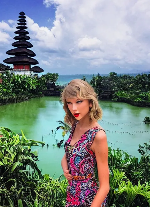 Prompt: taylor swift wearing batik bali in bali. temple, lake, rice field, ocean. front view. instagram closeup holiday photo shoot, perfect faces, beautiful