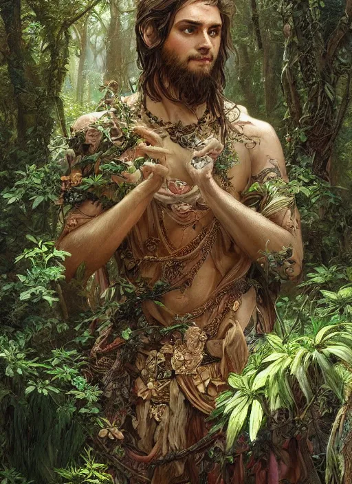 Image similar to intricate detailed portrait painting of a male druid, temple ruins surrounded by lush forest, afternoon, intricate, elegant, highly detailed, digital painting, sharp, focus, illustration art by artgerm and greg rutkowski and alphonse mucha