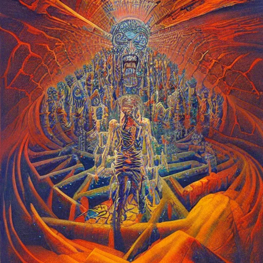 Image similar to a grand scale painting of lament configuration box floating above skinned bloody man in hell by clive barker and alex grey and lisa frank and beksinski